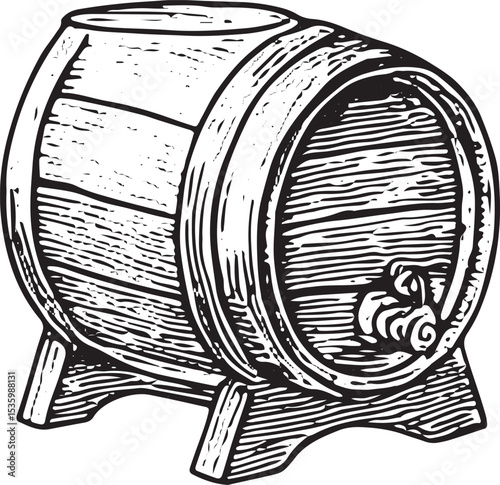 Rustic wooden barrel illustration, central to wine aging and storage, depicting traditional craftsmanship and the essence of winery cellars in a vintage style