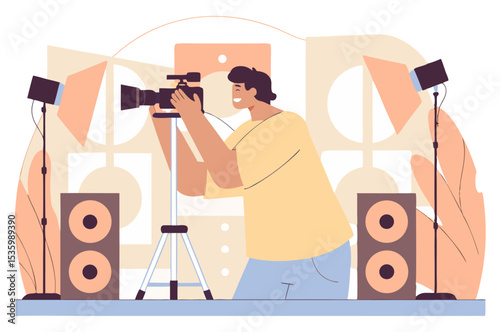 A video production scene featuring a cameraman operating a professional camera on a tripod, flanked by large speakers and studio lights, against an abstract background.