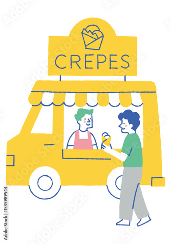 Men lining up at a mobile crepe shop_Color