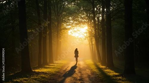 Person walking on forest path with sunlight
