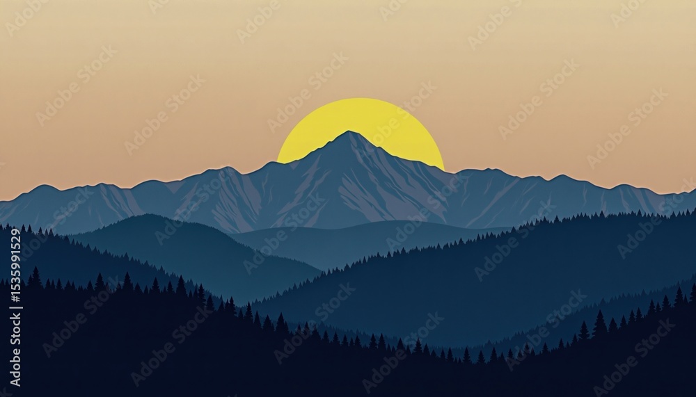 Naklejka premium A serene digital illustration of layered mountain ranges with a yellow sun rising or setting behind a central peak against a soft gradient sky.