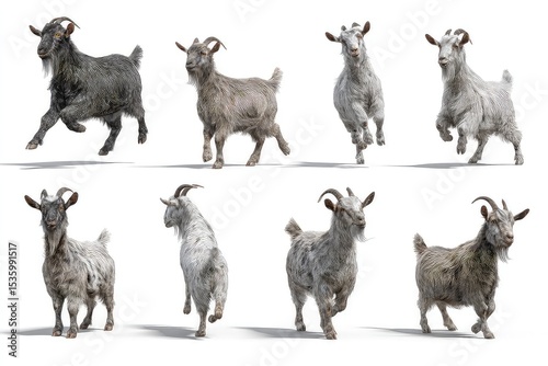 Goat diversity breeds highlighting horn shape and cost variation isolated on white background