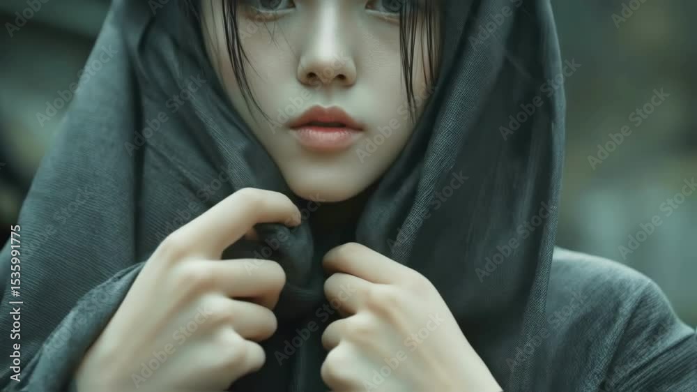 Close up portrait of a young woman with dark hair and light eyes, adjusting a dark hood over her head, shown in a series of nine sequential images