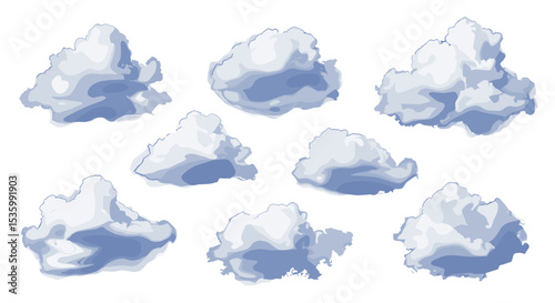 Illustration of seven fluffy white clouds with light blue shadows on a white background in watercolor style