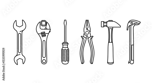 Illustration of six different hand tools including wrench, adjustable wrench, screwdriver and more tools