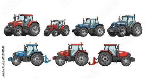 Illustration featuring a collection of diverse tractors in red and blue hues arranged on a white background