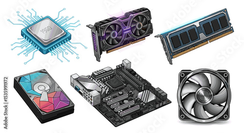 Illustration of computer components including cpu, gpu, ram, hard drive, motherboard and fan setup