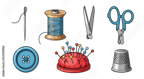 Illustration of sewing kit items including needle thread scissors button and pin cushion arranged neatly