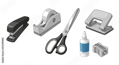Illustration of office supplies including a stapler tape dispenser scissors and hole puncher items