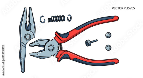 Illustration showing disassembled pliers with spring, c rings, bolt and washers on a white background