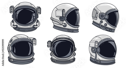 Collection of six white astronaut helmets with dark visors in various angles and orientations shown