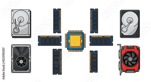 Illustration of computer hardware components including cpu ram hard drives and graphics cards arranged neatly