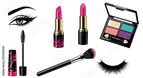 Illustration of various makeup products including lipstick, eyeshadow, mascara and false eyelashes