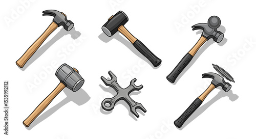Isometric view of an assortment of hammers and a specialized wrench tool on a white background surface