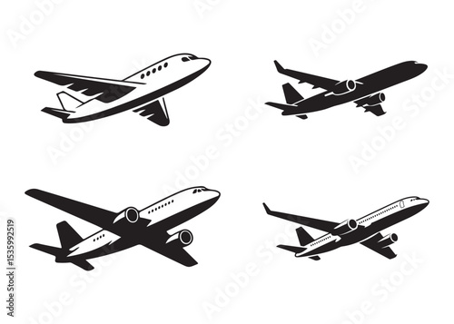 Silhouette airplane icon bundle. Airplane Flying Vector Set. Minimalist Black and White Aircraft Silhouettes for Branding and Travel Graphics. Commercial Aircraft Logo Bundle for Aviation Design
