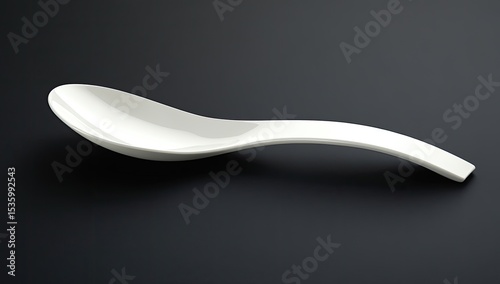 A smooth, white soup spoon, angled on a dark background