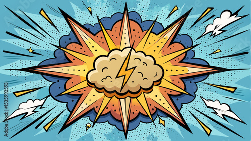 A vibrant pop art style explosion featuring a cloud with a lightning bolt, surrounded by jagged bursts and smaller clouds, against a textured blue background.