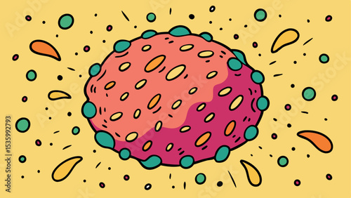 
A quirky, colorful blob or cell with various irregular spots and protruding teal bumps, surrounded by splashes and dots on a bright yellow background.