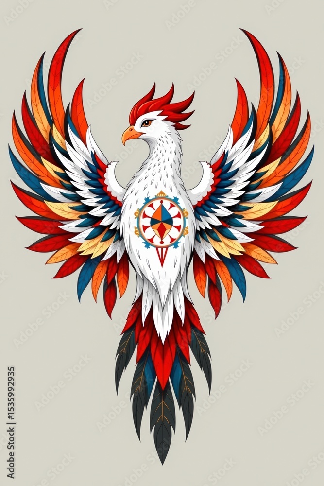 Fototapeta premium A vibrant, stylized phoenix with multicolored feathers and a compass emblem on its chest, symbolizing rebirth and navigation.