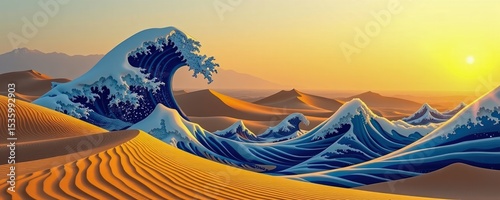 A surreal digital artwork blending giant ocean waves crashing through a vast desert under a glowing sunset sky.