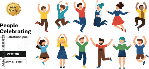 Celebrating people illutrations. Collection of scenes with men and women happy jumping celebrating event or ceremony.