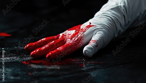 Bloody gloved hand on dark surface