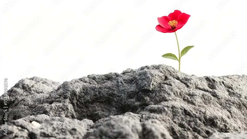 A vibrant red flower blooming atop a rugged rock formation against a bright white backdrop