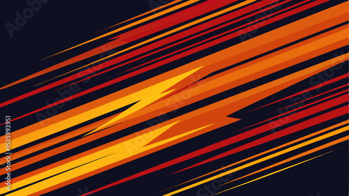 A dynamic, abstract background featuring diagonal lightning bolt shapes and speed lines in fiery shades of red, orange, and yellow, against a dark blue ground.