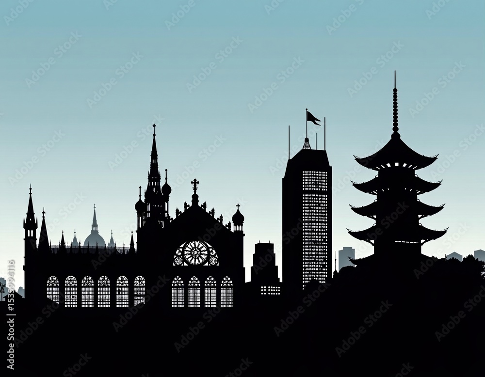Naklejka premium Silhouettes of iconic global landmarks and architectural styles against a clear blue sky.