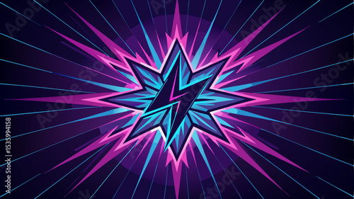 
A striking, stylized star emblem with a central lightning bolt, rendered in vibrant neon blues and purples, radiating energetic lines against a dark background.