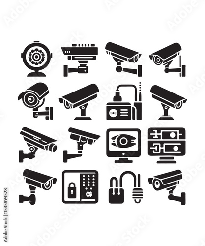 cctv icons, surveillance camera icons set silhouette vector on white background.