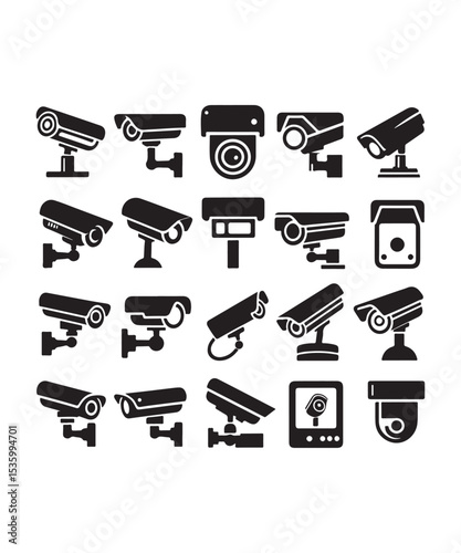 cctv icons, surveillance camera icons set silhouette vector on white background.