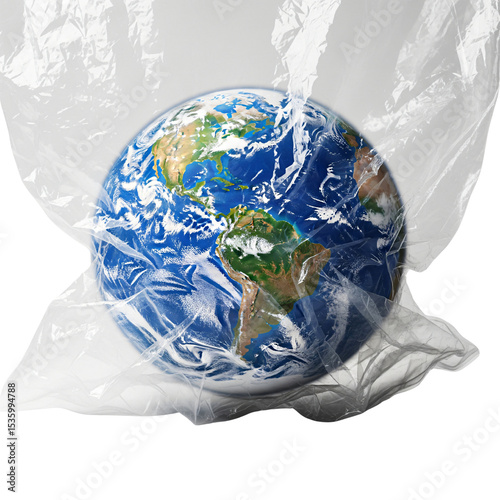 3D model Earth enclosed in plastic bag, urging action on plastic crisis, concept for International Plastic Bag Free Day, transparent background photo