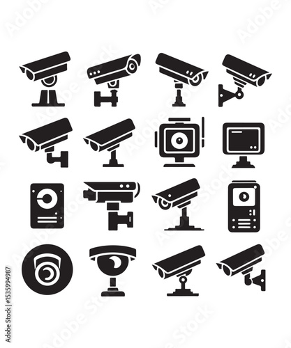 cctv icons, surveillance camera icons set silhouette vector on white background.