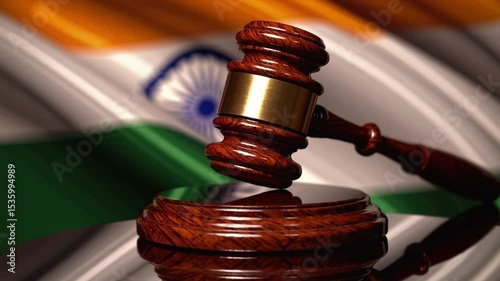 A golden Jatobá gavel rests on a sound block with India’s flag waving softly behind, lit with warm tropical light symbolizing justice and cultural authority