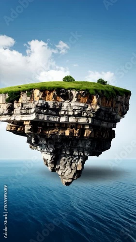 Fantastic floating island with green grass, trees, and stratified rock formations over serene blue ocean waters under a cloudy sky.