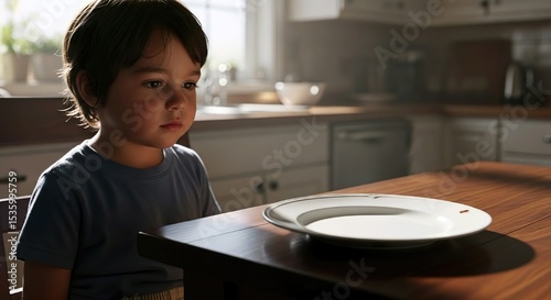 A young boy sitting at a table with an empty plate in a bright kitchen