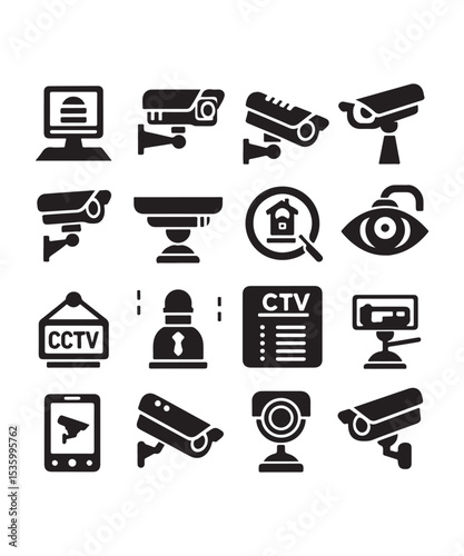 cctv icons, surveillance camera icons set silhouette vector on white background.