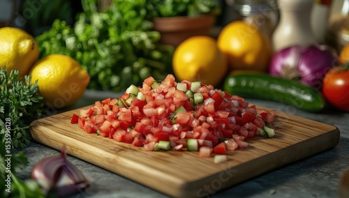 Diced tomatoes, cucumbers, and onions on a wooden cutting board, surrounded by fresh produce