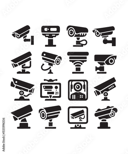 cctv icons, surveillance camera icons set silhouette vector on white background.