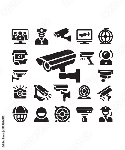 cctv icons, surveillance camera icons set silhouette vector on white background.