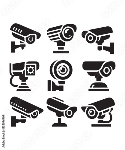 cctv icons, surveillance camera icons set silhouette vector on white background.