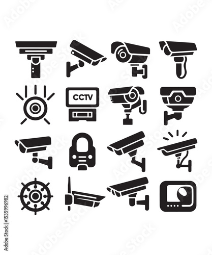 cctv icons, surveillance camera icons set silhouette vector on white background.