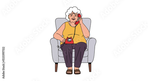 Cartoon elderly woman sitting in armchair talking on red rotary phone.