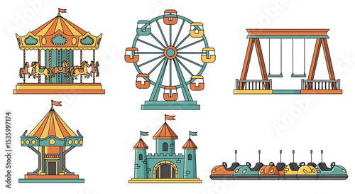 Amusement Park Rides: Carousel, Ferris Wheel, Swings, Bumper Cars, Castle