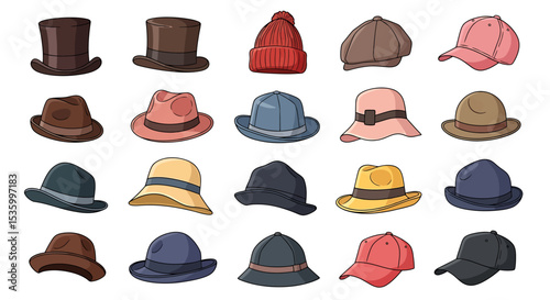 Collection of Diverse Hats and Caps:  Stylish Headwear Illustrations