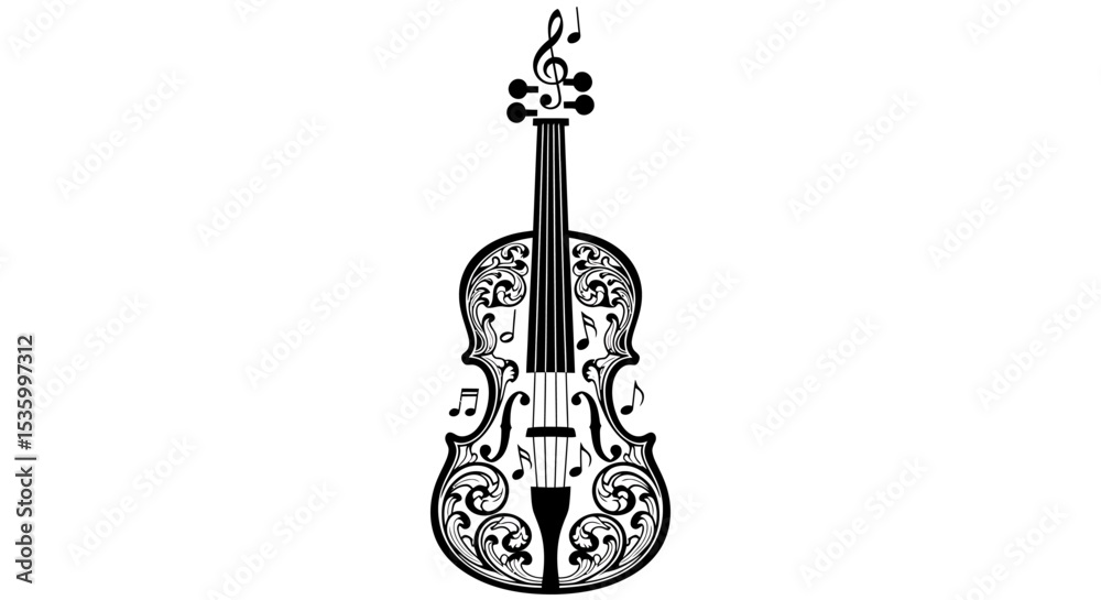 Fototapeta premium Ornate Violin Silhouette with Musical Notes and Decorative Swirls