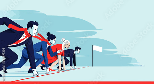 Diverse Business Team at Starting Line Ready to Race to Success