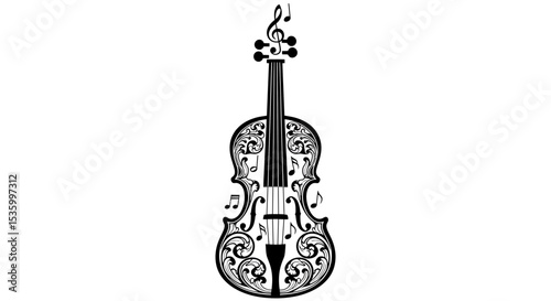 Ornate Violin Silhouette with Musical Notes and Decorative Swirls