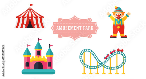 Amusement Park Elements: Circus Tent, Clown, Castle, Roller Coaster